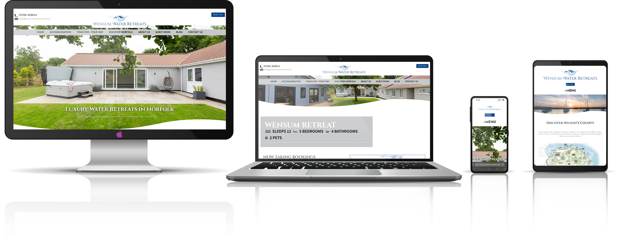 Responsive view mock up for newly launched Wensum Water Retreats website created by visualise creative in Norwich.